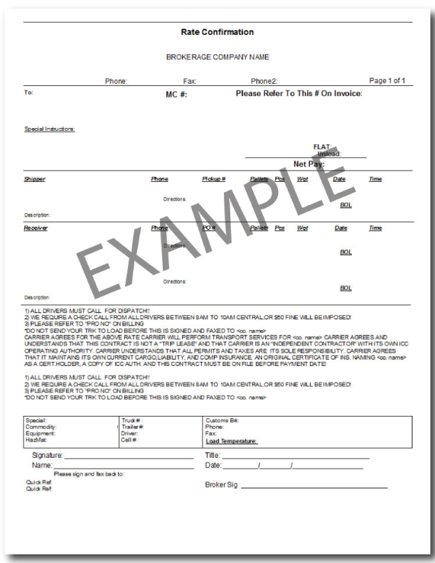 How to Build a freight bill like a pro, example of a Rate Confirmation sheet.