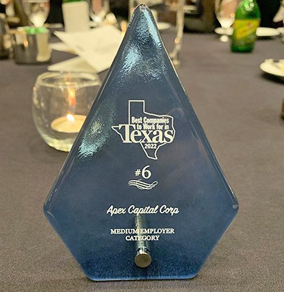 Apex Capital earns No. 6 ranking in the medium size employer category of the Best Companies to Work for in Texas list