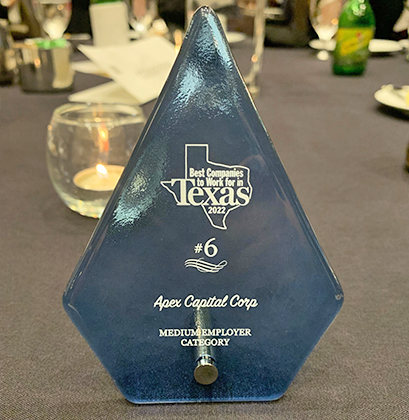 Apex Capital earns No. 6 ranking in the medium size employer category of the Best Companies to Work for in Texas list