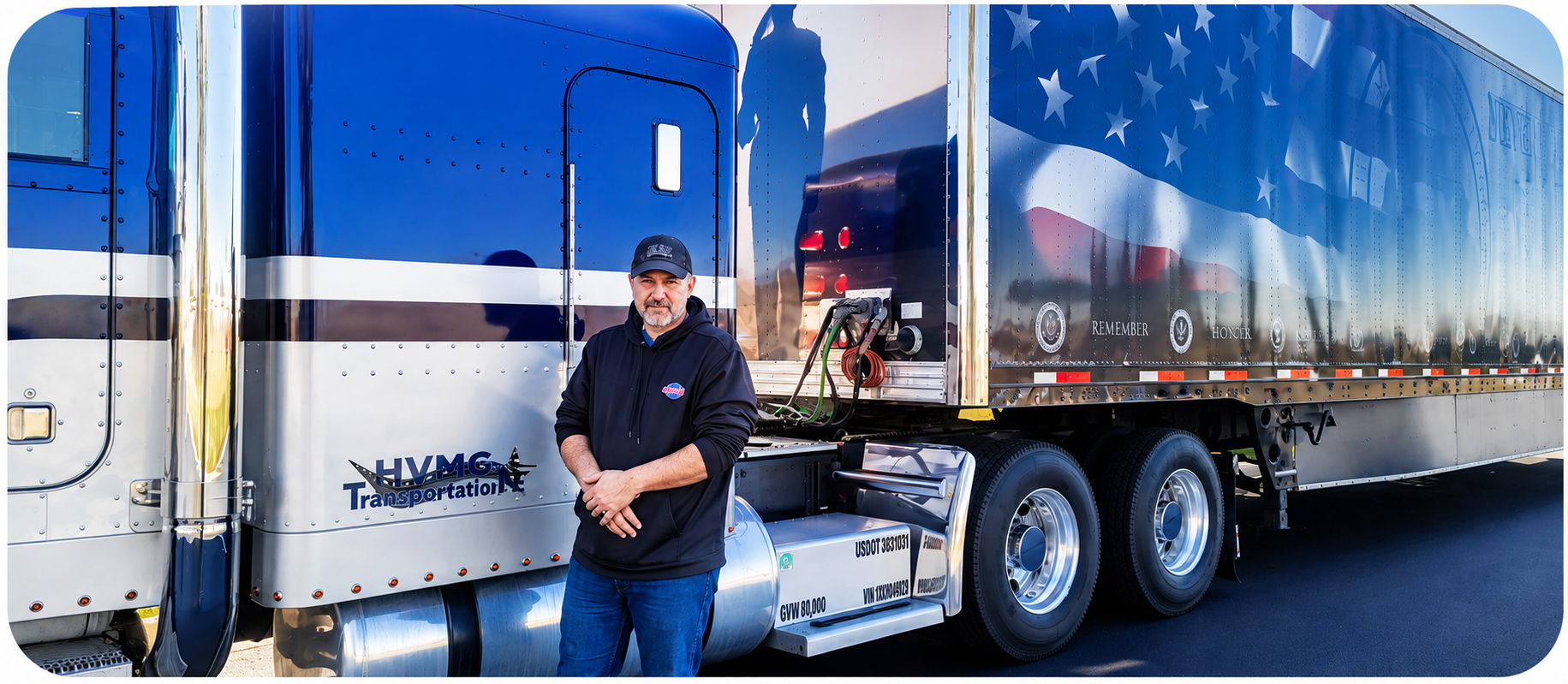 HVMC Owner-operator standing in front of a blue semi truck with an American flag trailer, representing professional trucking services and commercial transportation.