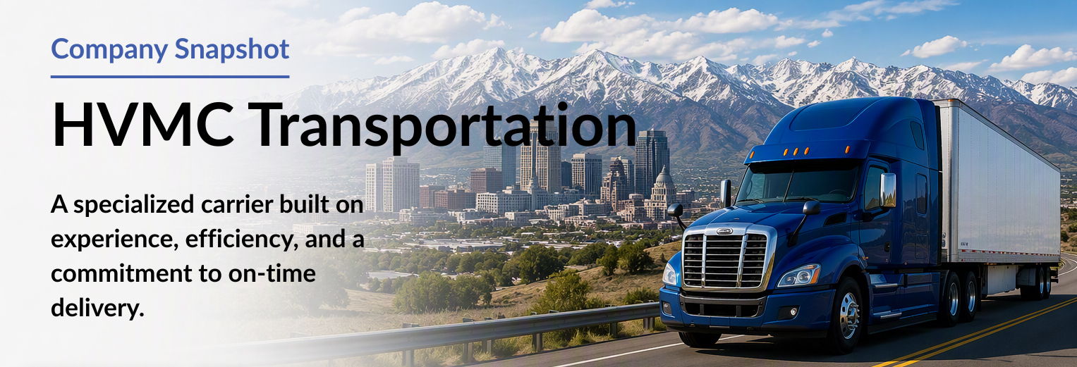 HVMC Story Title Banner HVMC Transportation company snapshot banner featuring a blue semi truck on a highway with mountain scenery, highlighting the carrier's background and success story with Apex Capital.
