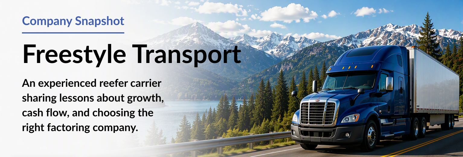 Freestyle Transportation Banner Freestyle Transport company snapshot banner featuring a blue refrigerated semi truck on a mountain highway, highlighting the carrier's growth, reefer freight expertise, and Apex Capital client success story.