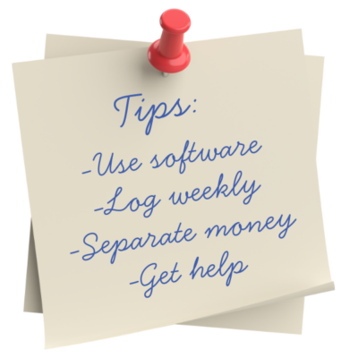 BOOKKEEPING-TIPS Image of a post-it note with the text "Tips: use software, log weekly, separate money, and get help."
