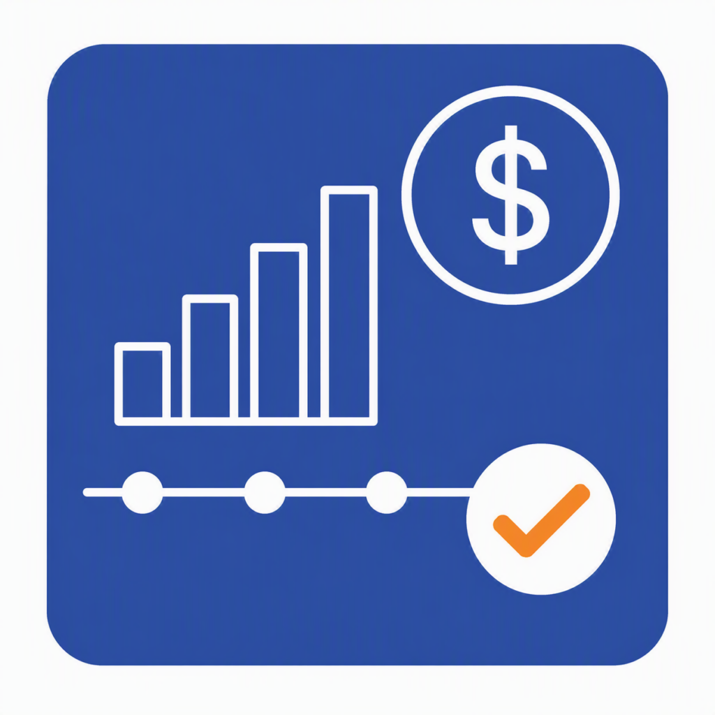 Bar graph with dollar symbol and checkmark on a blue background representing predictable freight factoring costs and consistent flat rate pricing.