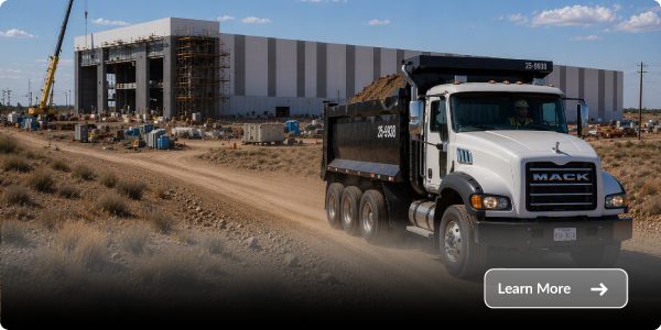 dump-truck-industry White dump truck carrying dirt down a dusty road at a large construction project with workers and equipment in the background