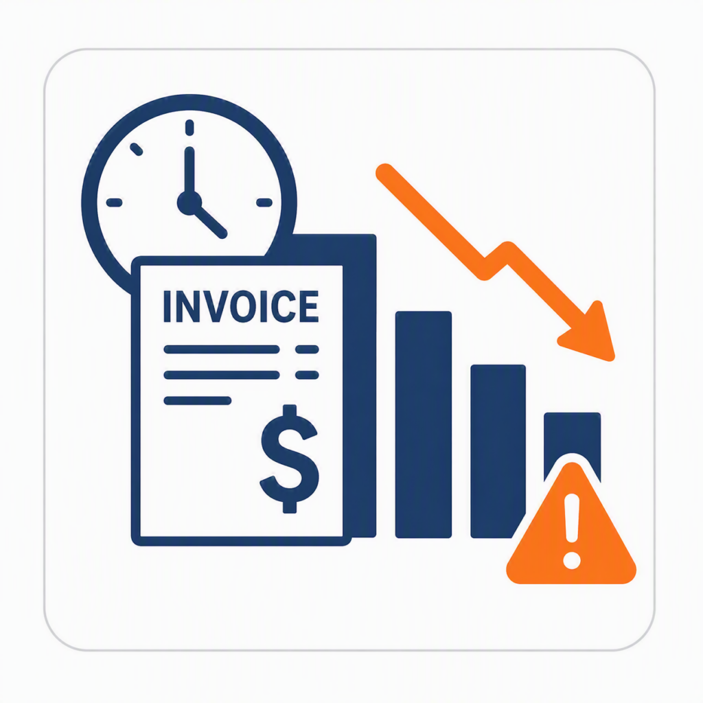 Invoice, clock, and declining bar chart with a downward arrow and warning symbol, representing reduced margins and limitations with flat rate freight factoring.