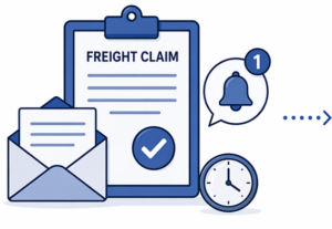 step_1_no_text Carrier acknowledging a freight claim with clipboard, notification icon, and timestamp indicating urgency
