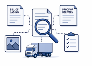 step_2_no_text Carrier reviewing freight claim documentation including bill of lading, proof of delivery, and inspection records