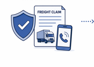 step_3_no_text Carrier notifying insurance provider of a freight claim with shield, truck, and phone communication icons