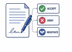 step_4_no_text Carrier responding to freight claim with options to accept, deny, or negotiate supported by documented evidence