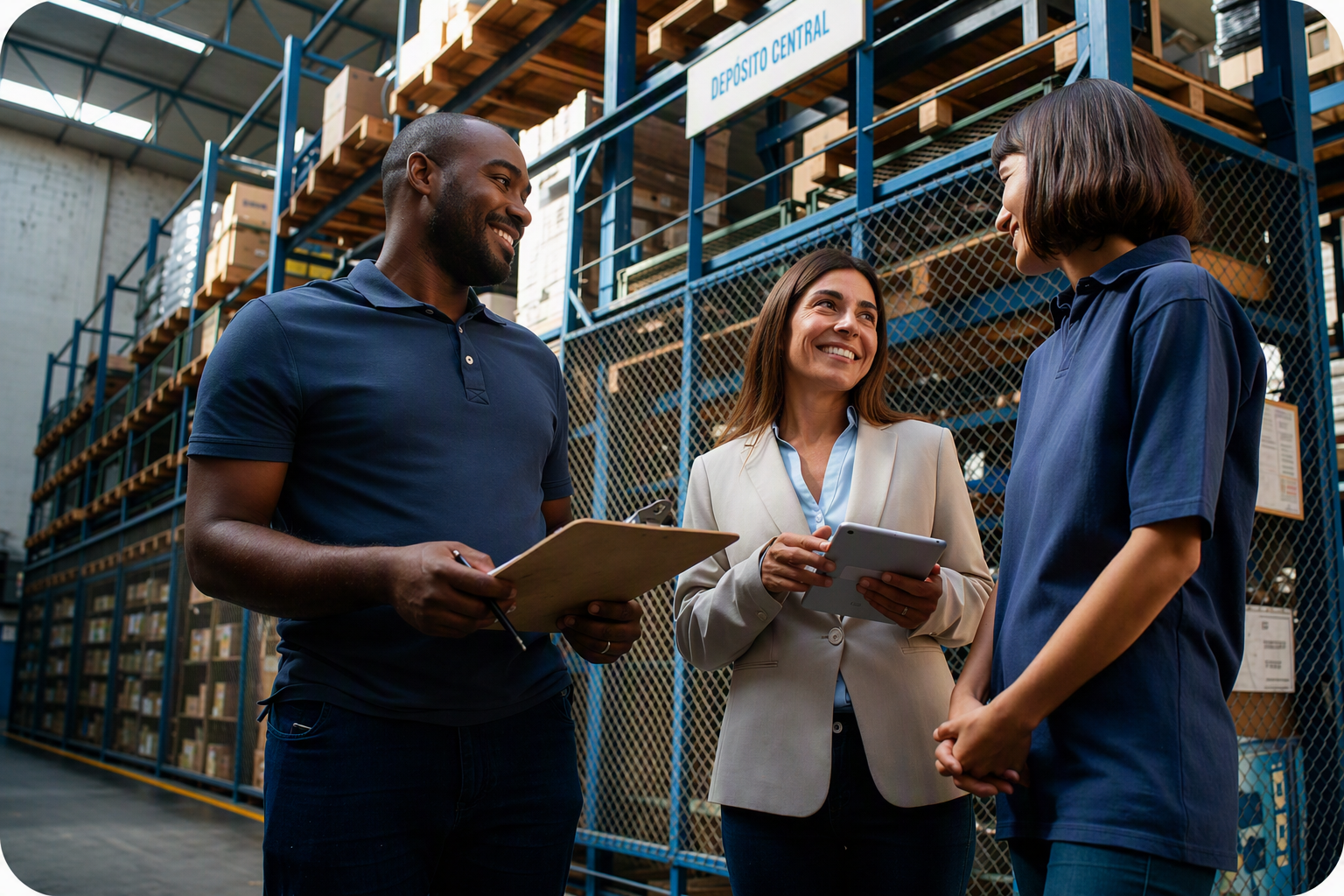 Three warehouse workers standing and talking in an aisle between tall storage racks, with one person holding a clipboard and another using a tablet, smiling during a discussion about inventory or operations.