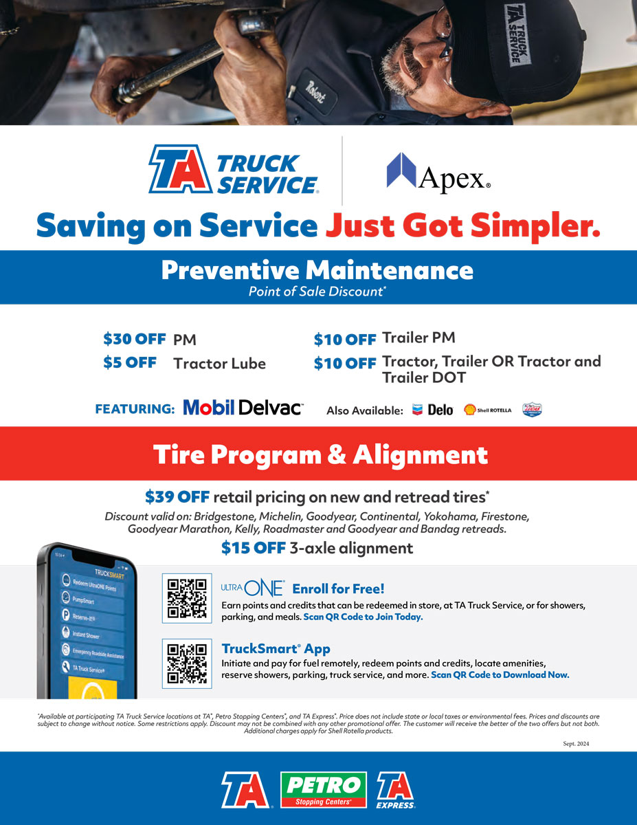 AFC_Flyer_1024_ApexTADiscounts TA Truck Service PM Savings for Apex clients. Tire Program and Alignment with Ultra ONE points using the TrucksSmart App