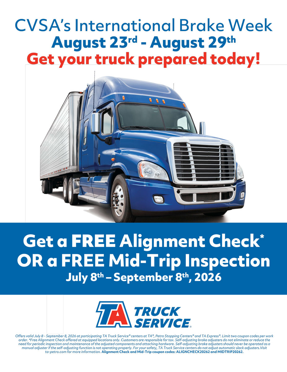 Brake_Safety_Week_Promo_Aug2026 TA Truck Service CVSA International Brake Week, Get a Free Alignment Check or a Free Mid-Trip Inspection