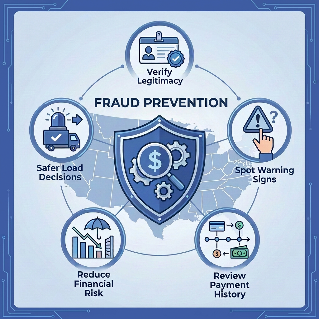Credit Fraud Prevention Infographic2 Infographic showing how freight broker credit checks help prevent fraud through broker verification, payment history review, warning sign detection, financial risk reduction, and safer load decisions.