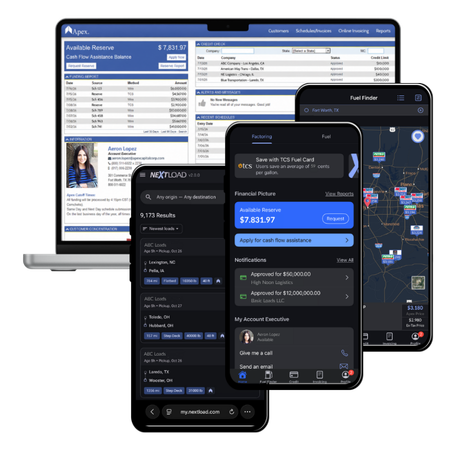 Apex Technology Apex Capital technology platform showing factoring account tools, NextLOAD load board, financial information, and fuel finder features across desktop and mobile devices.